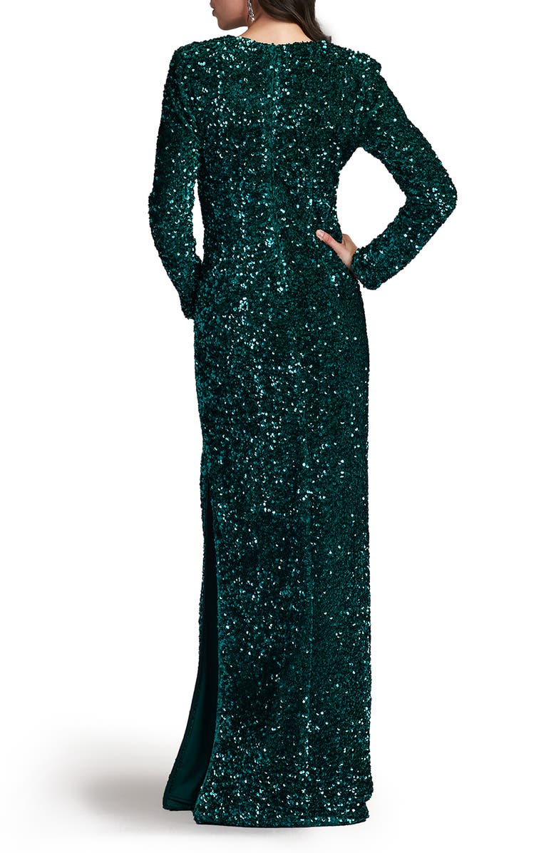 SHO by Tadashi Shoji Sequin Wrap Front Long Sleeve Gown, Alternate, color, Jungle Green