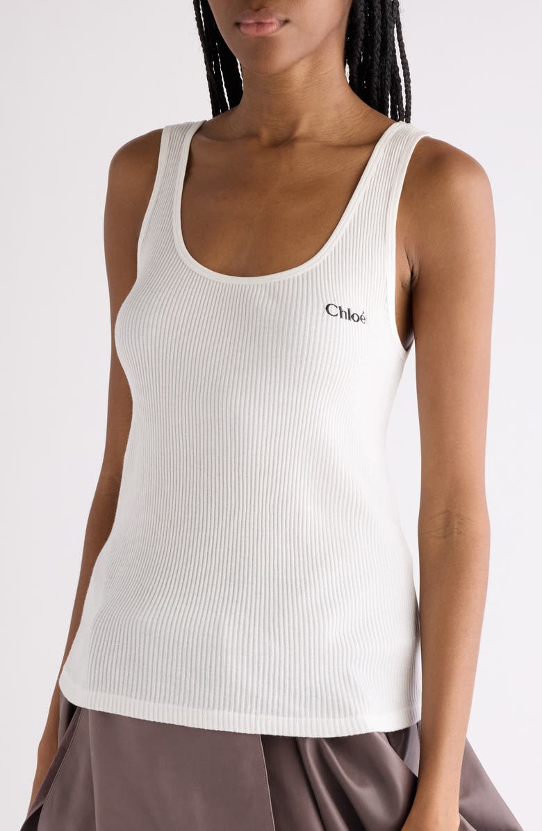 Chloé Logo Embroidered Cotton Rib Tank, Alternate, color, White