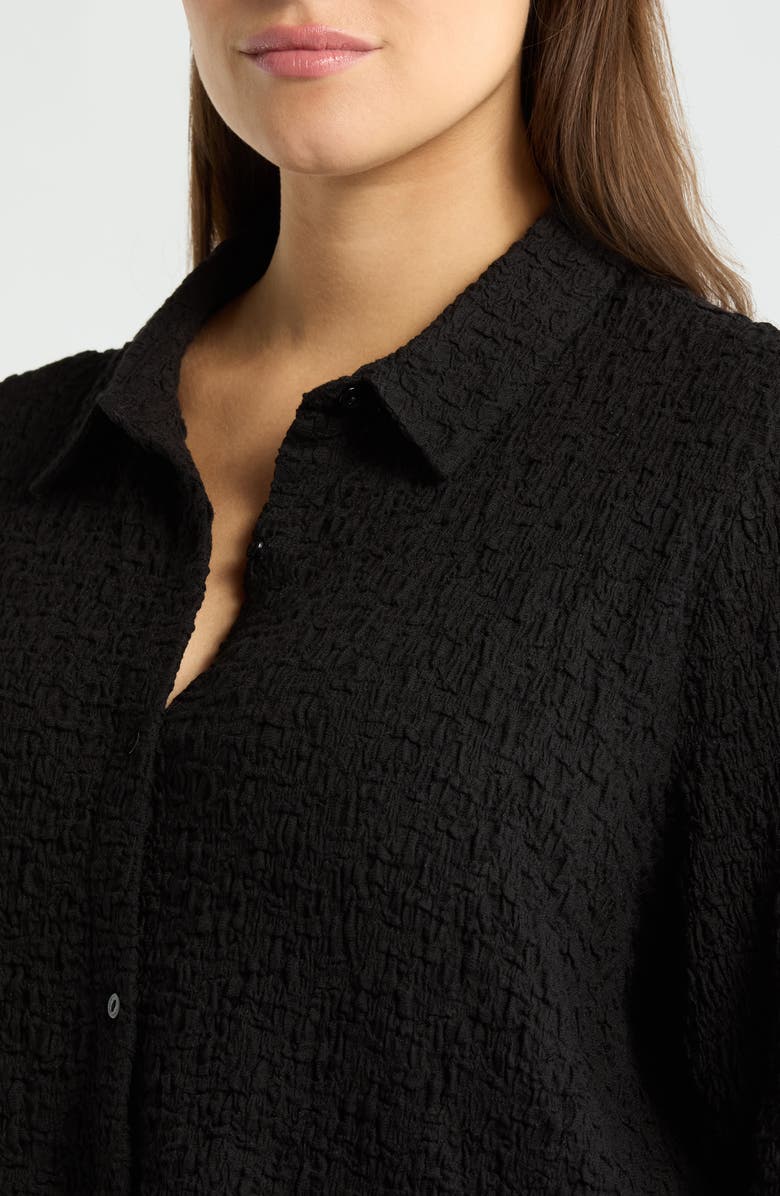 Eileen Fisher Slim Organic Cotton Blend Knit Button-Up Shirt, Alternate, color, Black