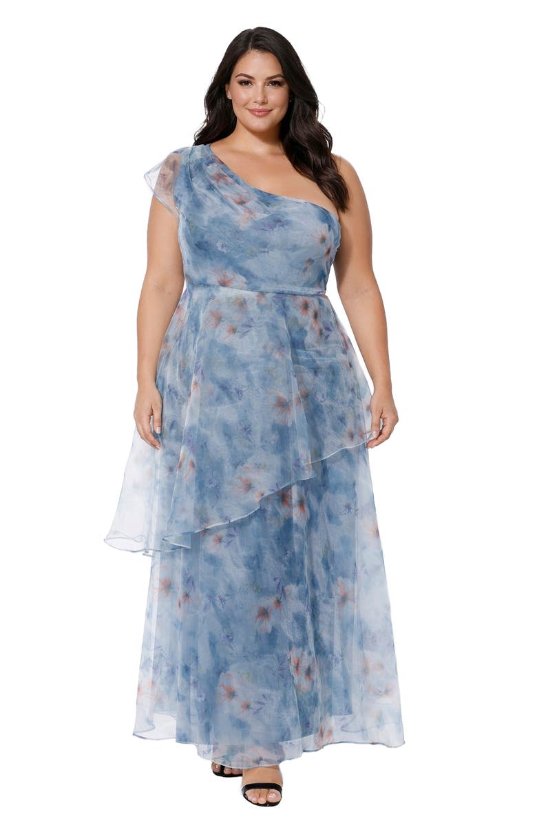 Oleg Cassini One-Shoulder Floral Organza Gown, Alternate, color, Blue Multi