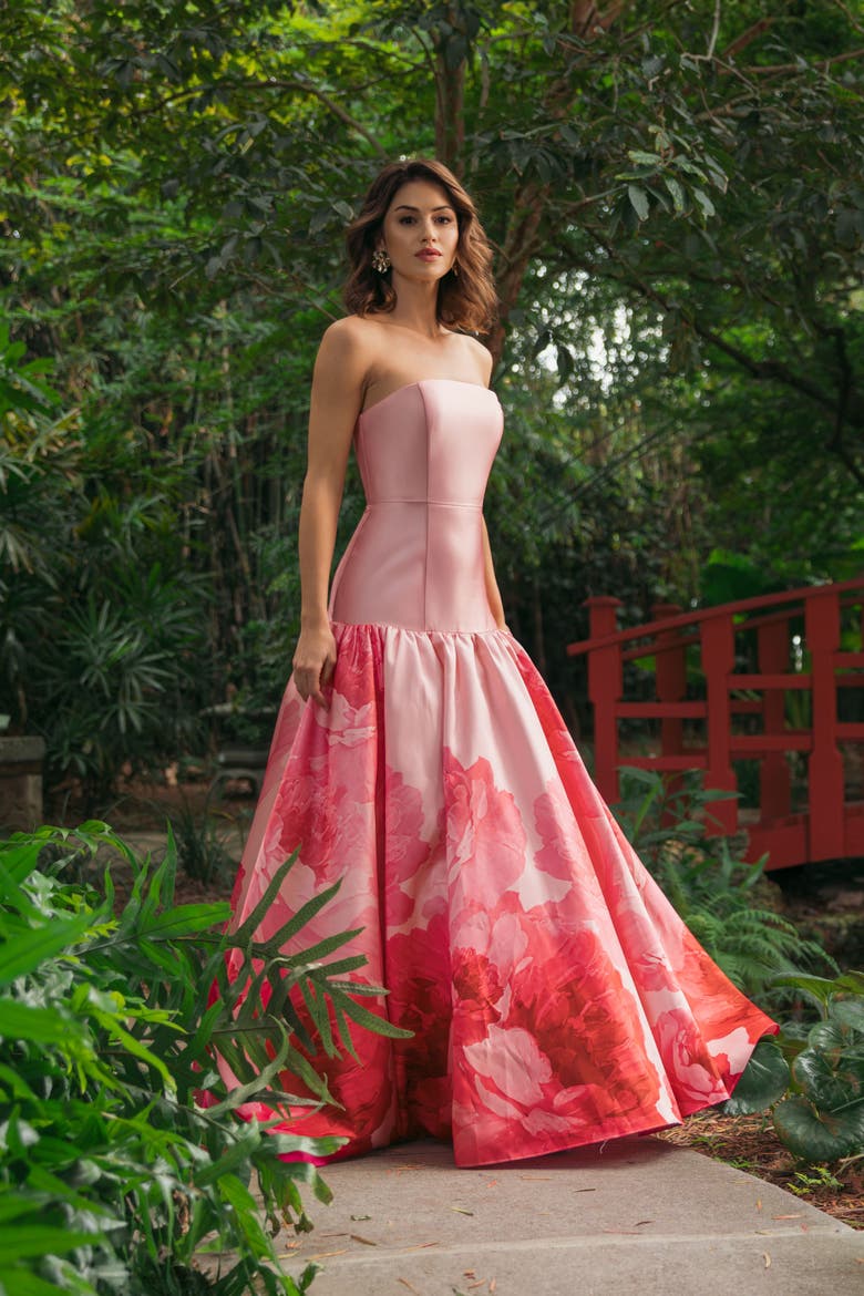 Printed Mikado Strapless Drop Waist Ballgown, Alternate, color, Blush Multi