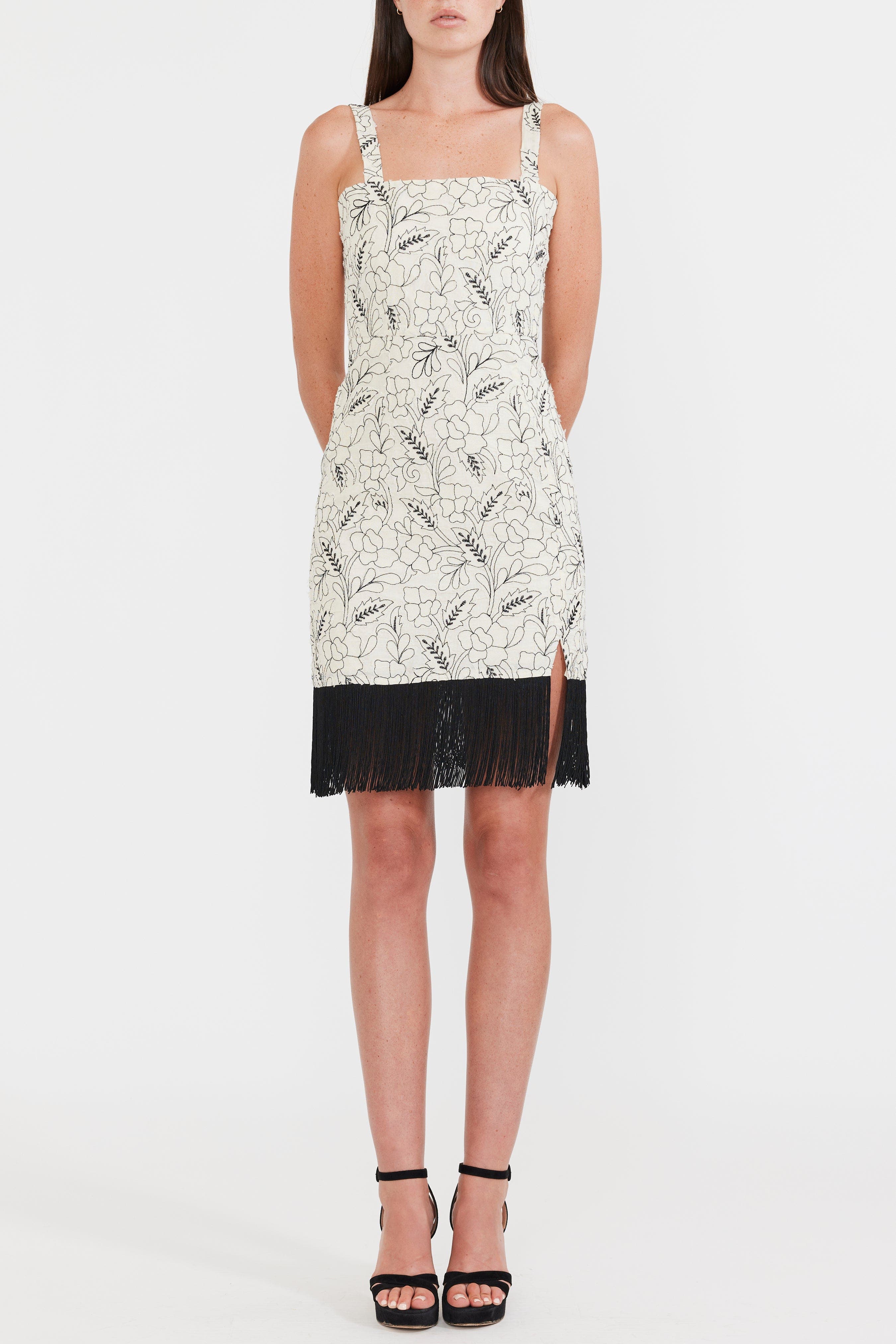 Eddy Avery Embroidered Fringe Mini Dress in Floral Outline Embroidery 