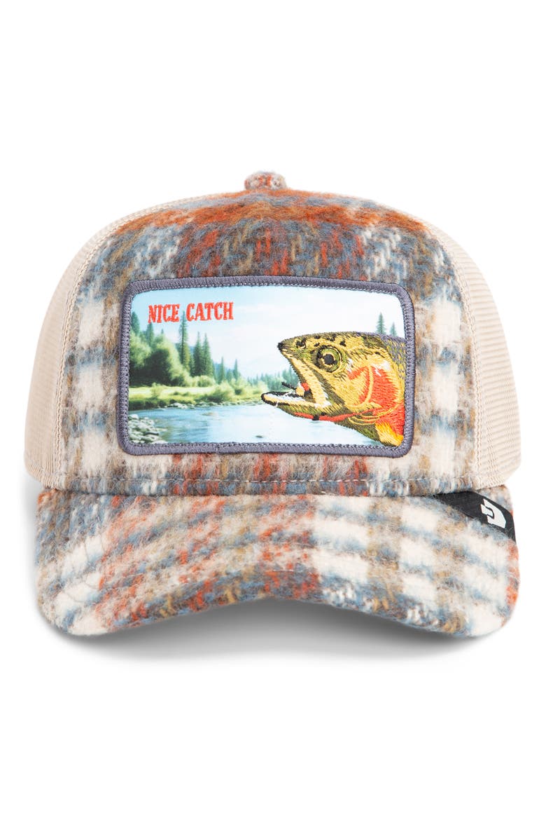 Down by the River Embroidered Patch Trucker Hat, Alternate, color, PLAID