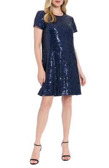 London Times Triangle Sequin Shift Dress In Blue