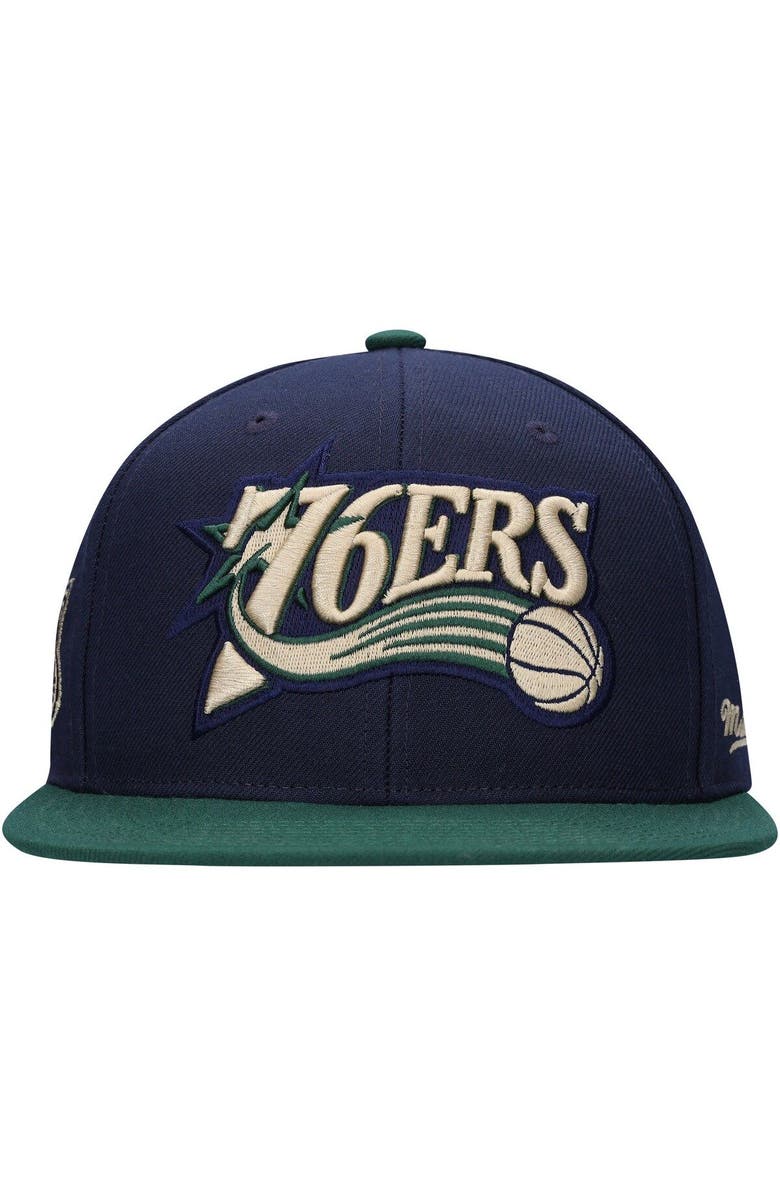 Mitchell & Ness Men's Mitchell & Ness Navy/Green Philadelphia 76ers Hardwood Classics Grassland Fitted Hat, Alternate, color, 