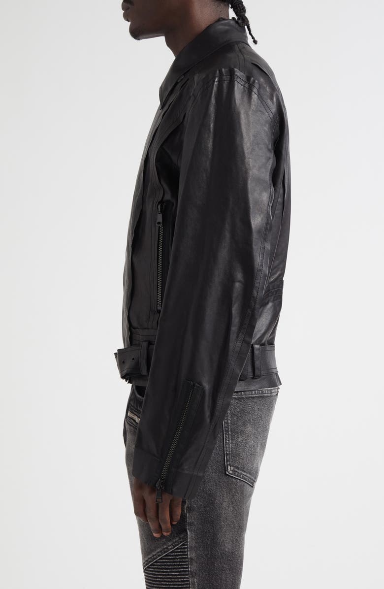 Balmain Belted Lightweight Lambskin Leather Biker Jacket, Alternate, color, Black