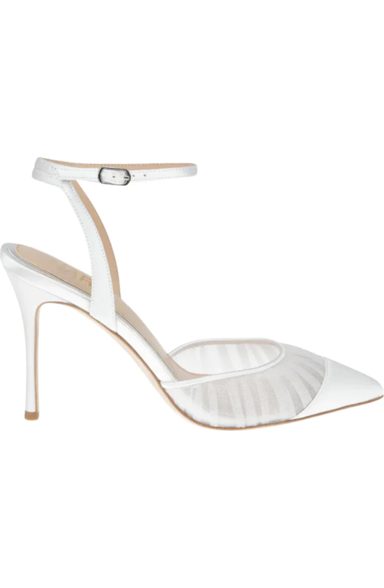 HARLO Chantelle Tulle - Pleated Tulle Bridal Pointed Toe Stiletto, Main, color, Soft White Satin