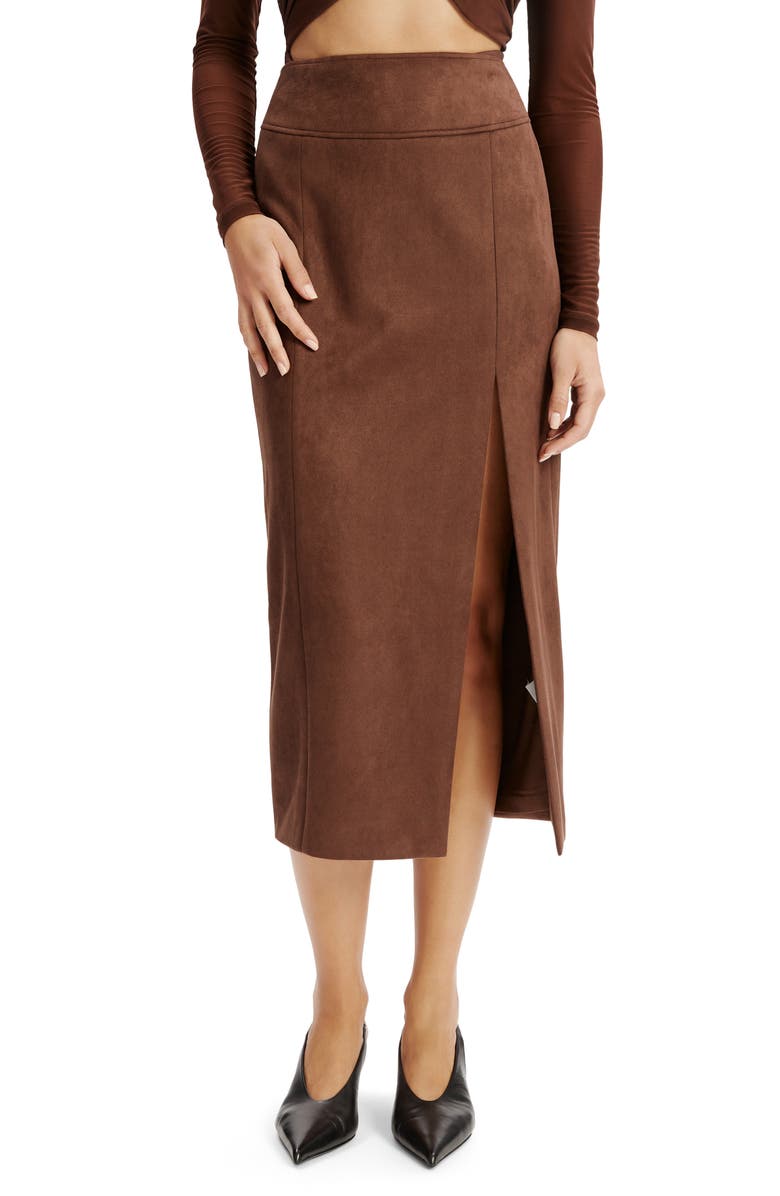 Bardot Dante Faux Suede Midi Skirt, Main, color, Chocolate