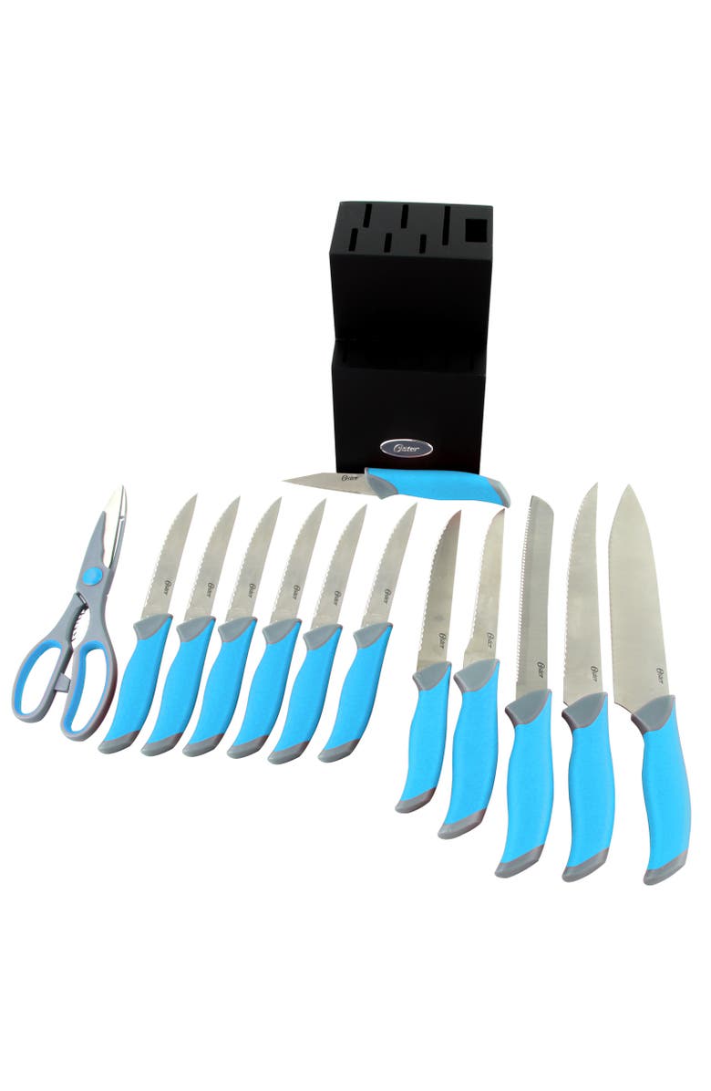OSTER Lindbergh 14 Piece Stainless Steel Cutlery Set with Wooden Block, Alternate, color, Teal
