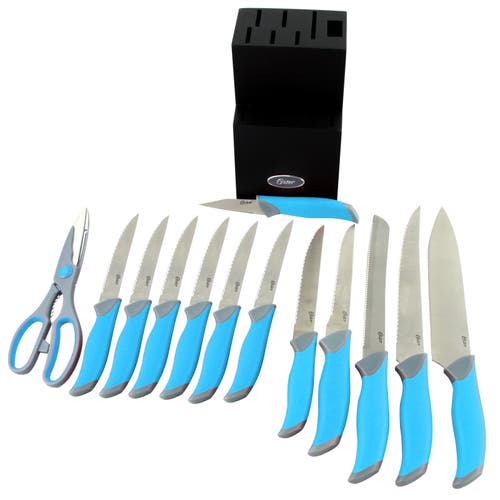 Oster Lindbergh 14 Piece Stainless Steel Cutlery Set With Wooden Block In Blue