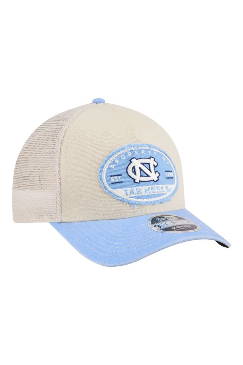 Men's New Era  Stone/Carolina Blue North Carolina Tar Heels Frayed Patch 9FORTY M-Crown A-Frame Trucker Adjustable Hat, Alternate, color, Stone