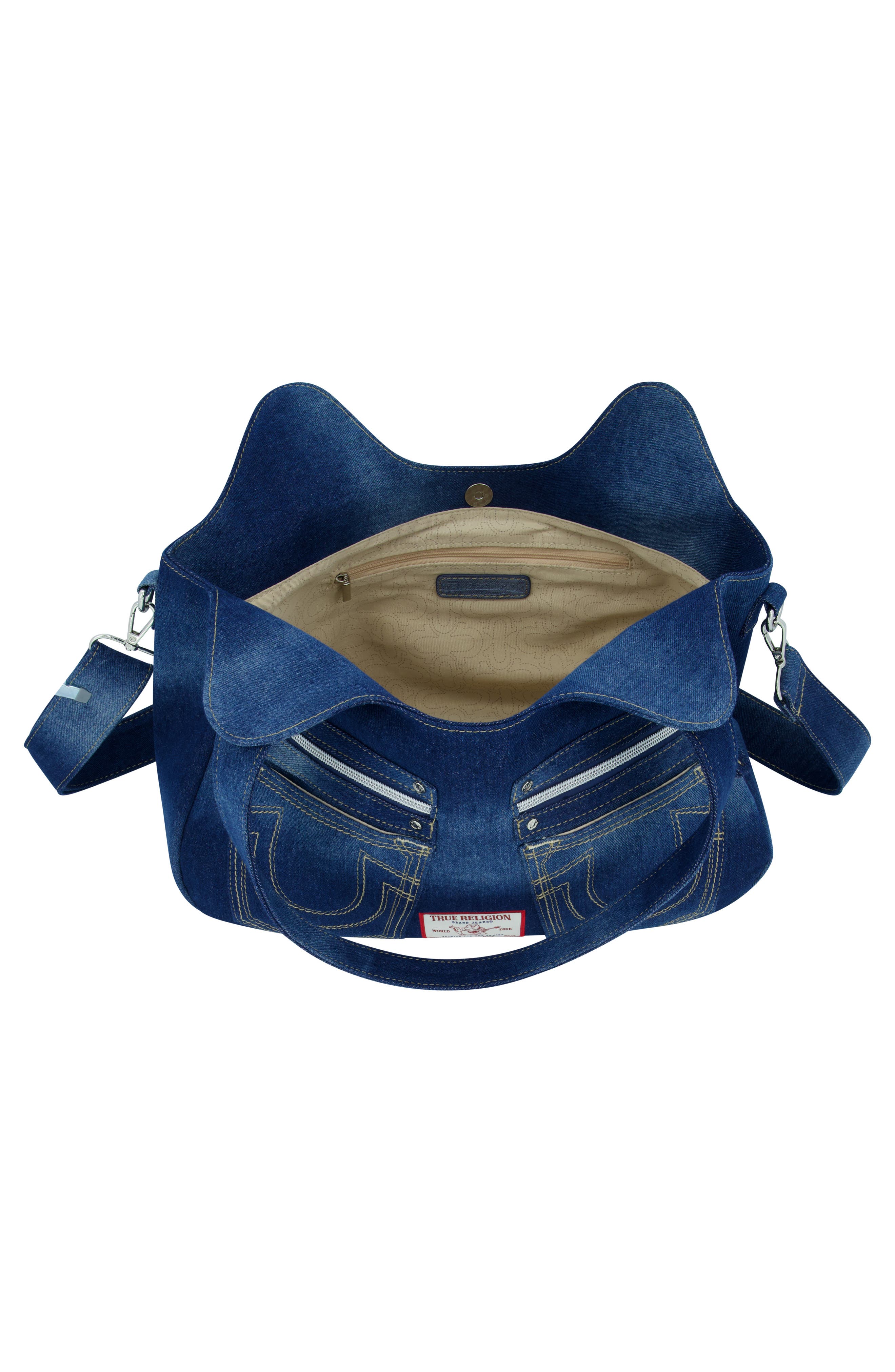 True Religion Brand Jeans Horseshoe Stitched Denim Shoulder Bag, Alternate, color, Dark Denim