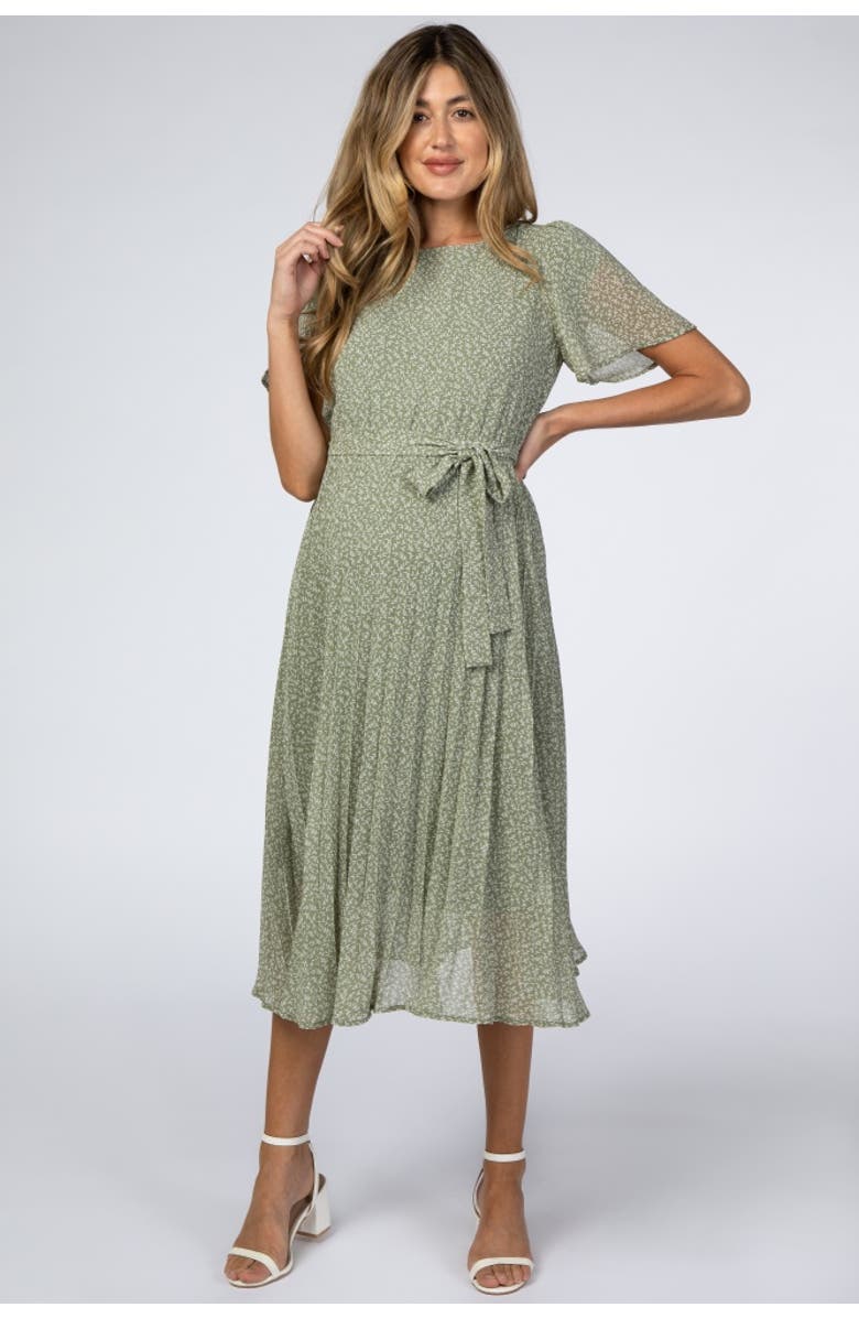 PinkBlush Leaf Print Pleated Midi Dress, Main, color, Light Olive