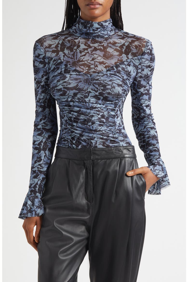 Lucy Graphic Cosmos Mock Neck Mesh Top, Main, color, IRIS CLOUD/ BLACK