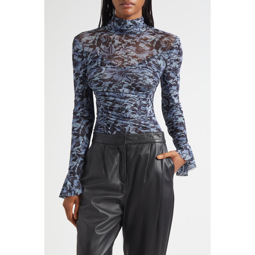 Cinq À Sept Lucy Graphic Cosmos Mock Neck Mesh Top In Blue