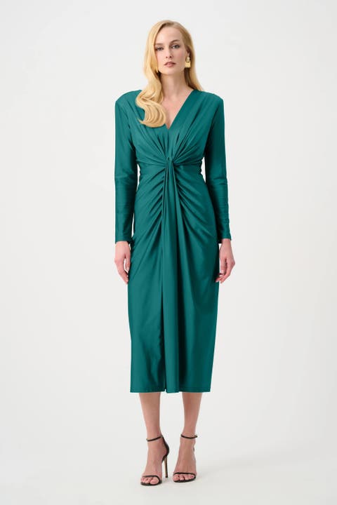 Satin Effect Knit Draped V-Neck Sheath Dress