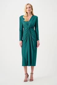 Joseph Ribkoff Satin Effect Knit Draped V-Neck Sheath Dress
