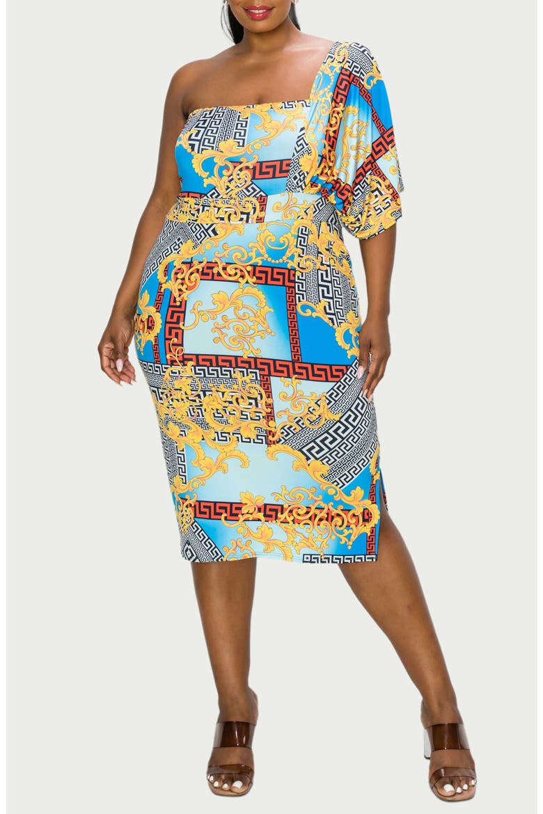 Sofia Mixed Print One-Shoulder Body-Con Dress, Main, color, BLUE