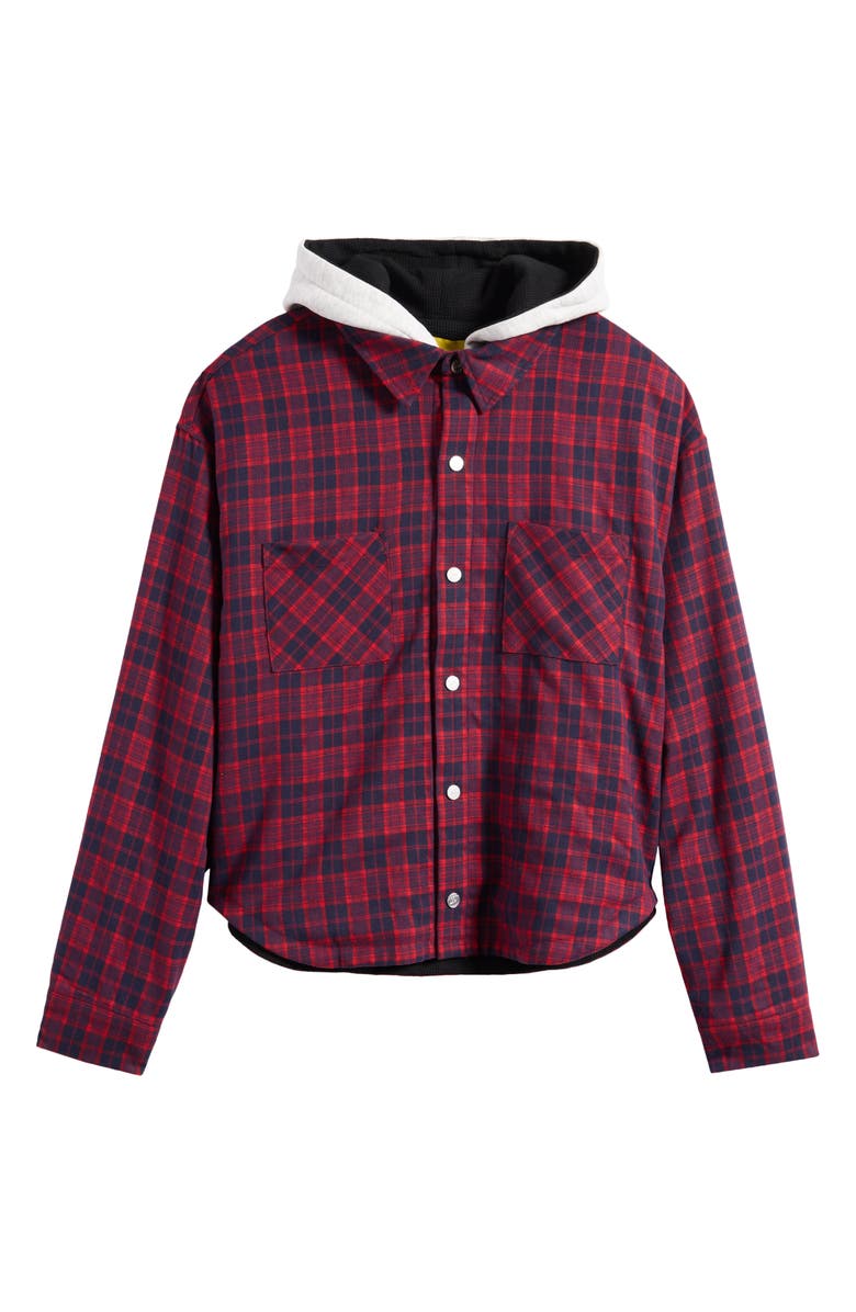 DIET STARTS MONDAY Eagle Hooded Plaid Snap-Up Flannel Shirt Jacket, Main, color, Red/Navy