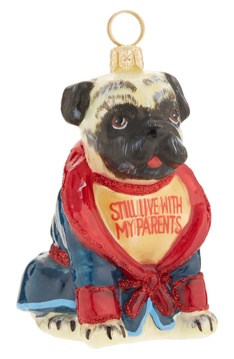 Joy to the World Collectibles Pug in Bathrobe Glass Ornament, Main, color, Blue Multi