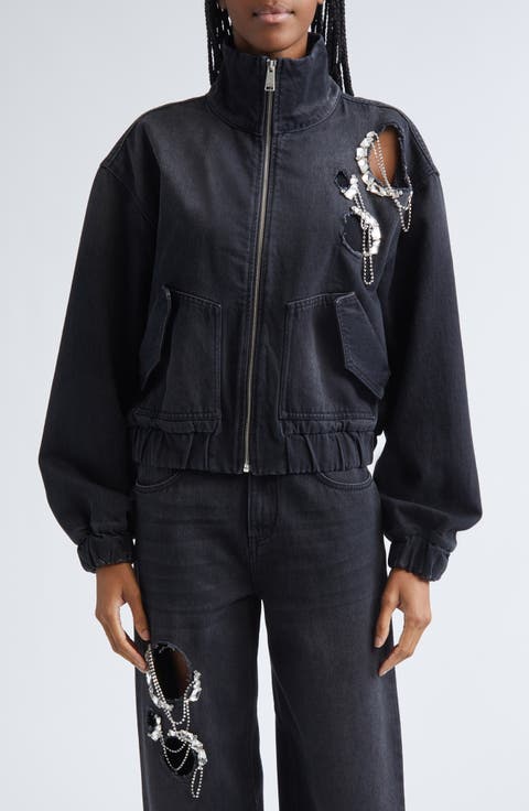 Crystal Chain Cutout Denim Bomber Jacket