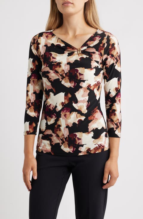 Printed Gathered Asymmetric Neck Top