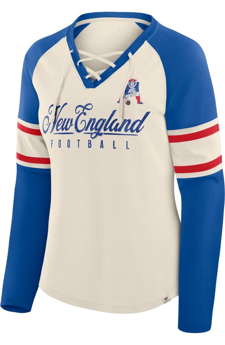 FANATICS Women's Fanatics Cream/Royal New England Patriots Hometown Gridiron Hero Raglan Lace-Up V-Neck Long Sleeve T-Shirt, Alternate, color, Cream