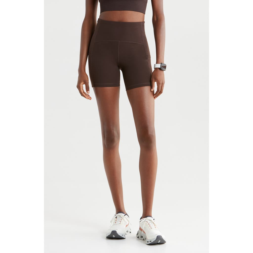 Zella Studio Luxe Pocket Bike Shorts In Brown
