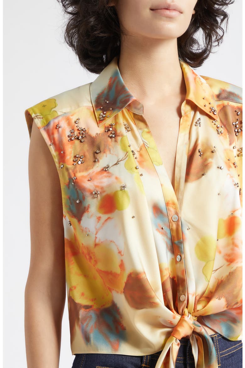 Watercolor Floral Crystal Embellished Tie Front Top, Alternate, color, SMOKE SAND MULTI