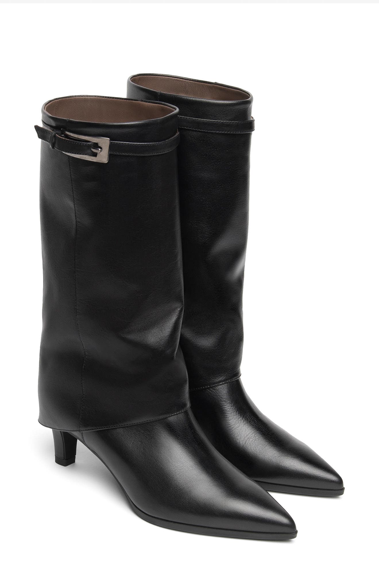 Pointed Toe Cuff Leather Boot, Main, color, BLACK