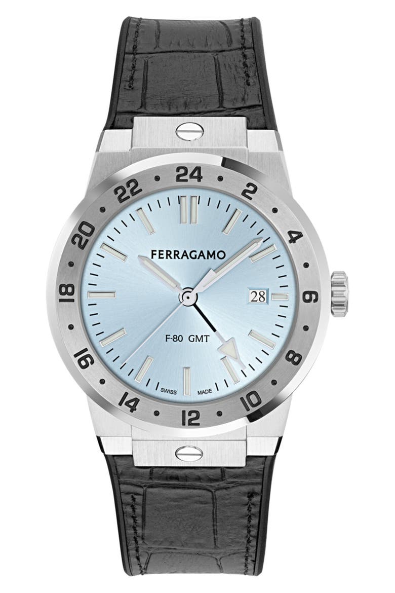 F-80 Classic GMT Leather Strap Watch, 41mm, Main, color, STAINLESS STEEL/ BLACK