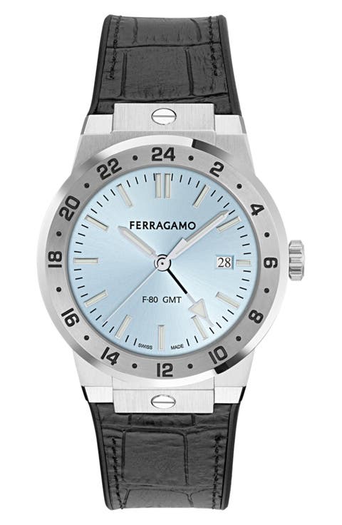 F-80 Classic GMT Leather Strap Watch, 41mm