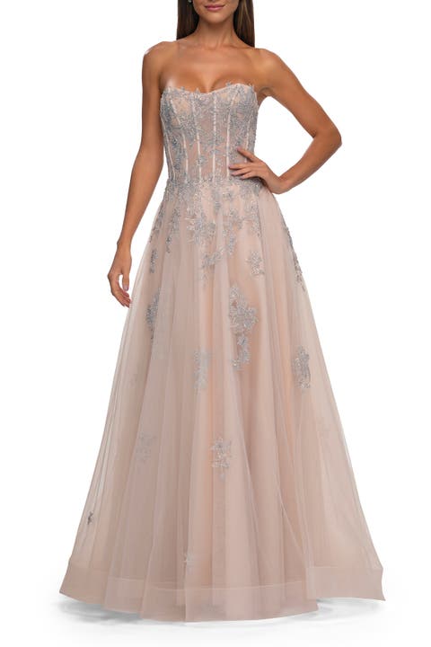 Tulle A-line Prom Dress with Gorgeous Rhinestone Lace Applique