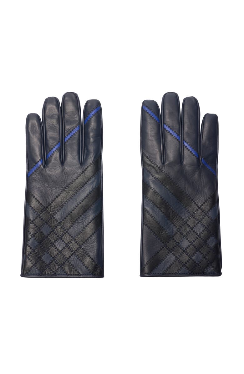 Burberry Check Intarsia Leather Gloves, Main, color, Storm Blue