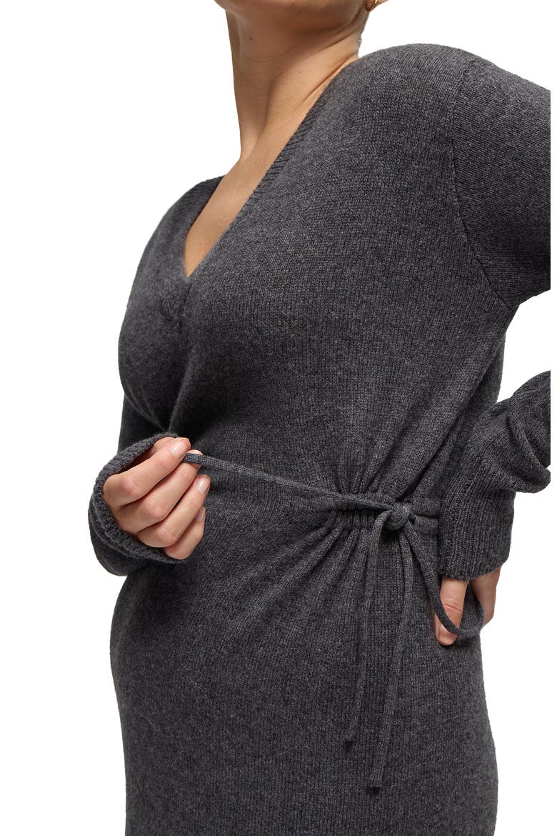 Cozy V-Neck Side Tie Sweater Midi Maternity Dress, Alternate, color, Dark Grey