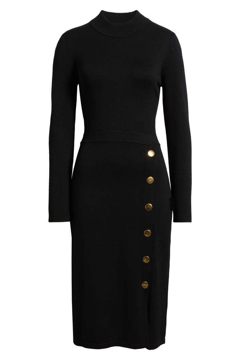 Button Mock Neck Long Sleeve Midi Dress, Alternate, color, BLACK