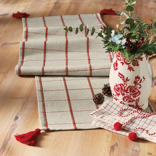 Tag White Multi Cotton Table Runner With Tassels 72 X 14.5 In Red