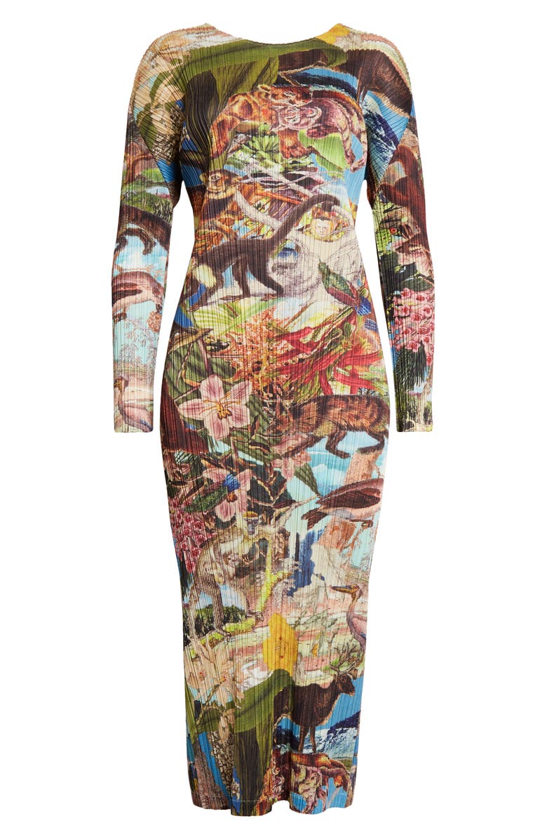 Pleats Please Issey Miyake Auroro Jungle Print Pleated Long Sleeve Midi Dress, Alternate, color, 