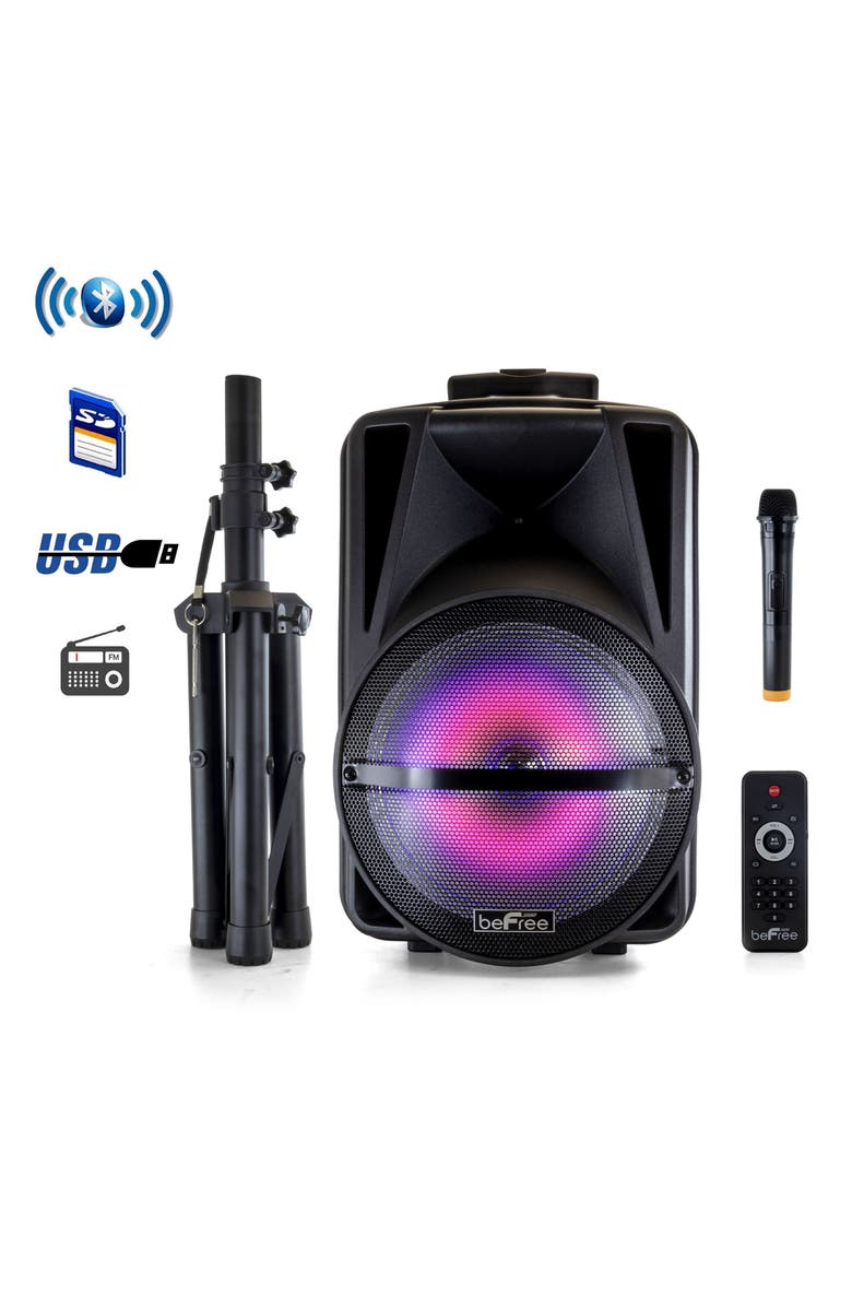 Befree Sound 12in Bluetooth Rechargeable Portable PA Party Speaker with Reactive LED Lights and Stand, Main, color, 