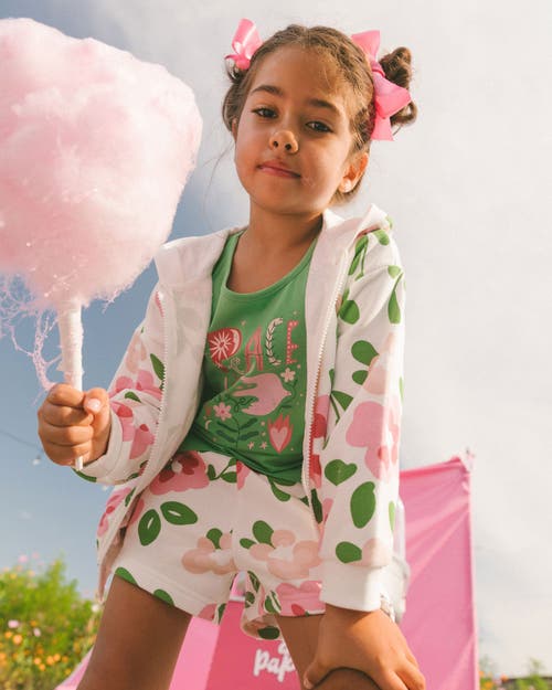 Deux Par Deux Girl's Printed French Terry Hoodie Cardigan Pink Flowers On White Background In Pink Flowers On White