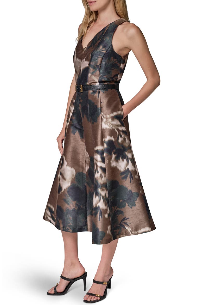 Printed V-Neck Belted Midi Dress, Alternate, color, OLIVE BROWN
