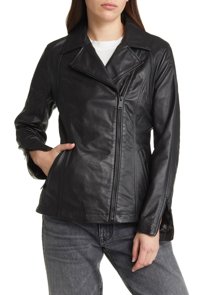 Long Leather Moto Jacket, Alternate, color, BLACK
