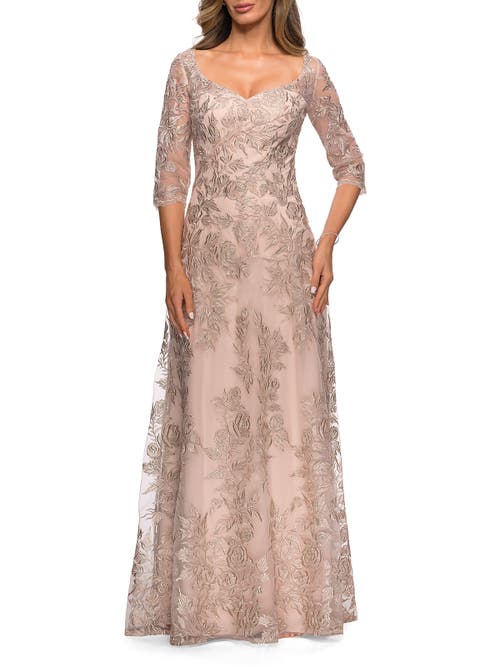 La Femme Long Lace A-line Three Quarter Sleeve Gown In Champagne