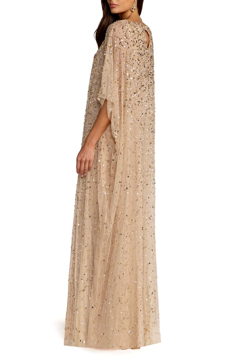 Beaded Mesh Kaftan Evening Gown with Round Neck, Alternate, color, Gold