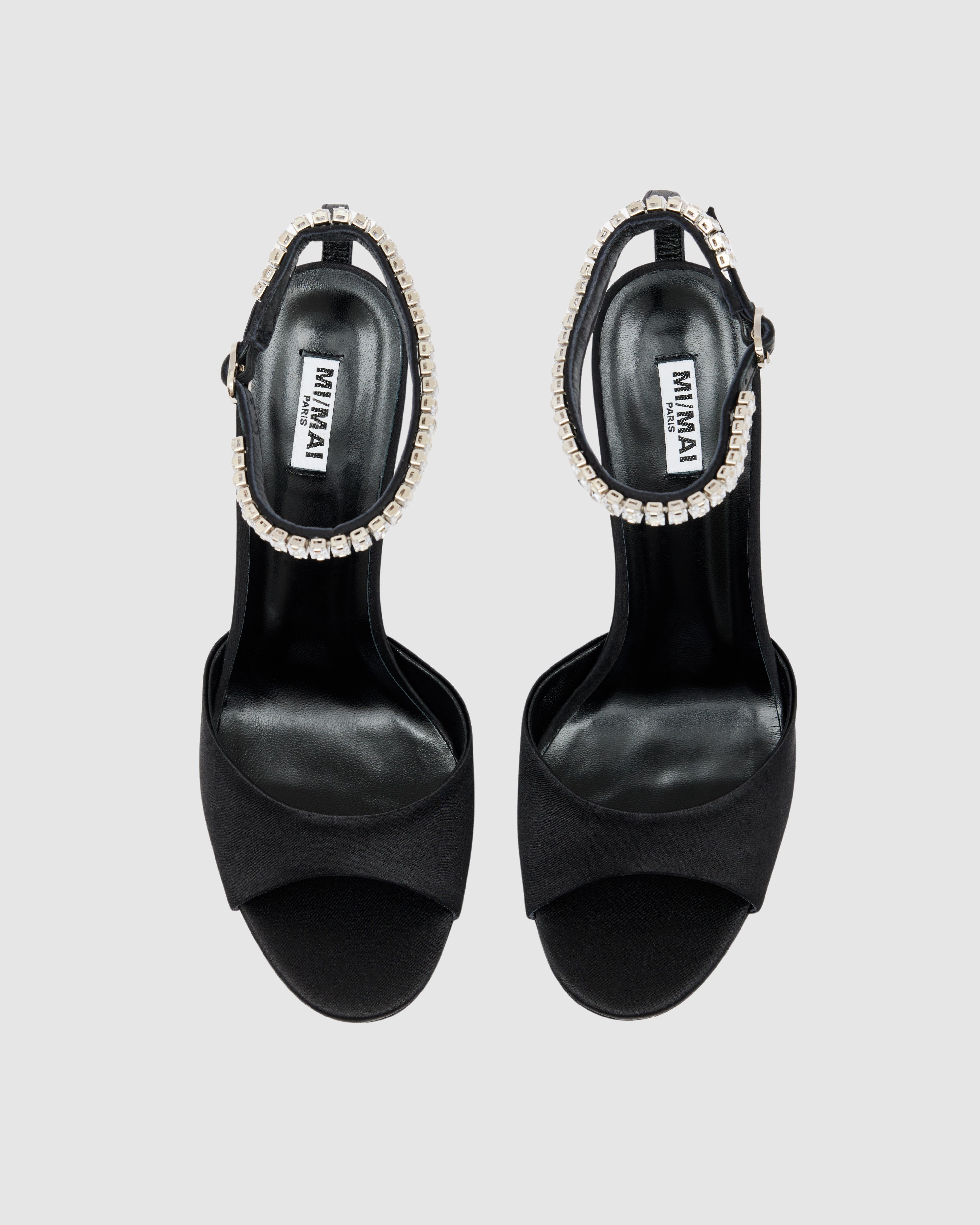 MI/MAI Flavia Satin Crystal Heeled Sandals, Alternate, color, Black