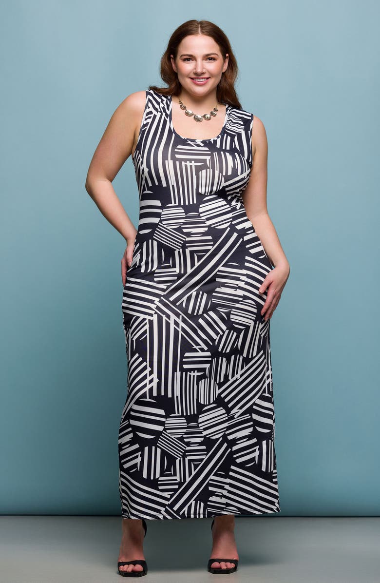 24seven Comfort Apparel Mixed Geo Print Knit Maxi Dress, Alternate, color, Black Multi