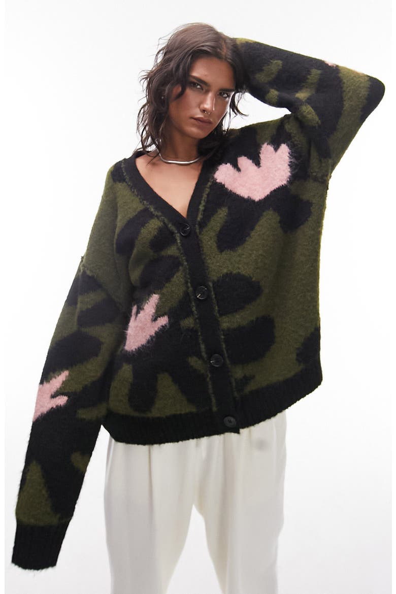 Large Flower Cardigan, Main, color, KHAKI