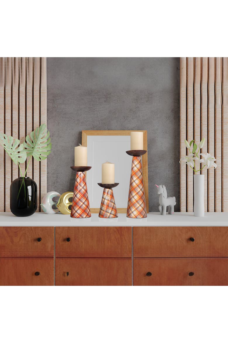 Plaid Pillar Candleholder Set - Ochre, Alternate, color, Ochre