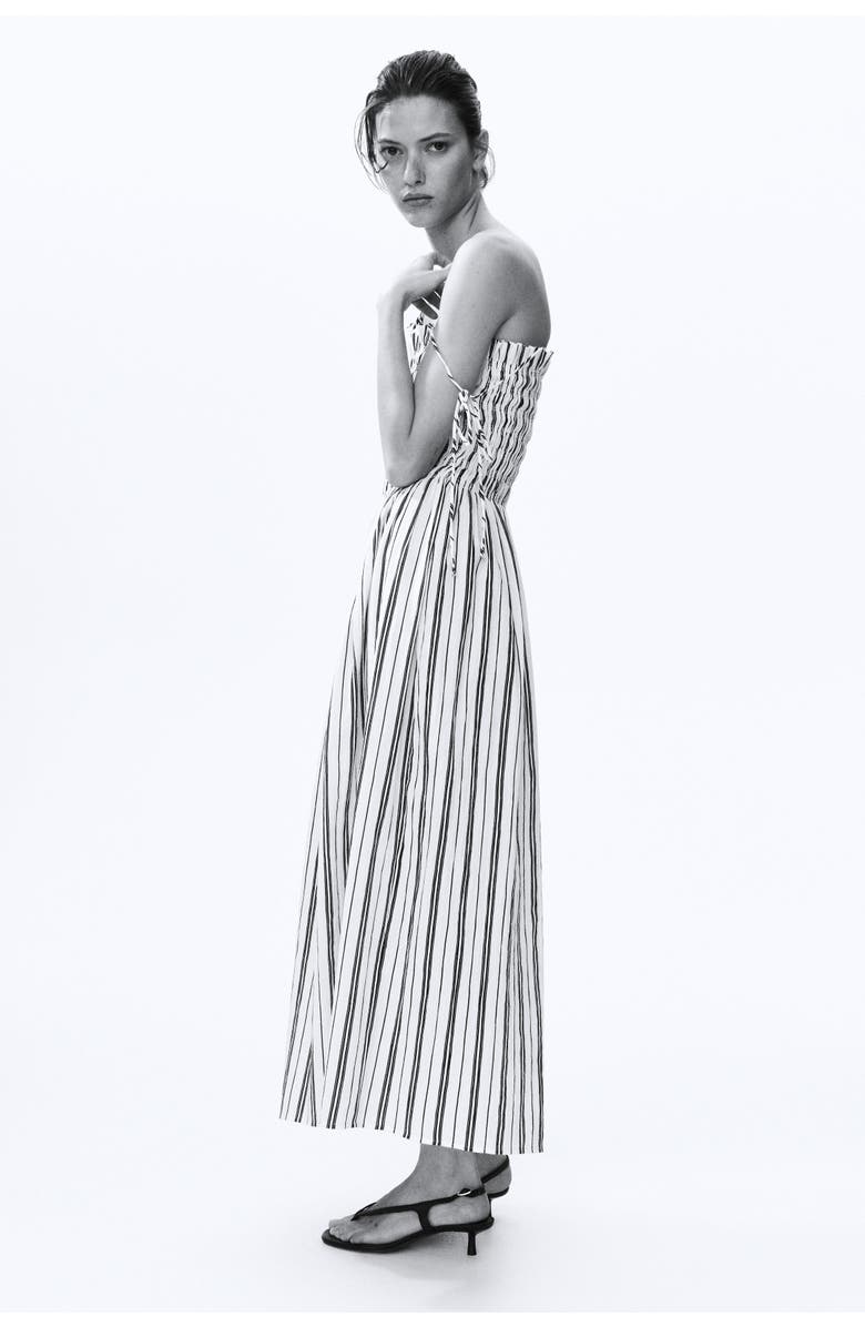 H&M Smocked-bodice tie-strap dress, Alternate, color, White/Striped