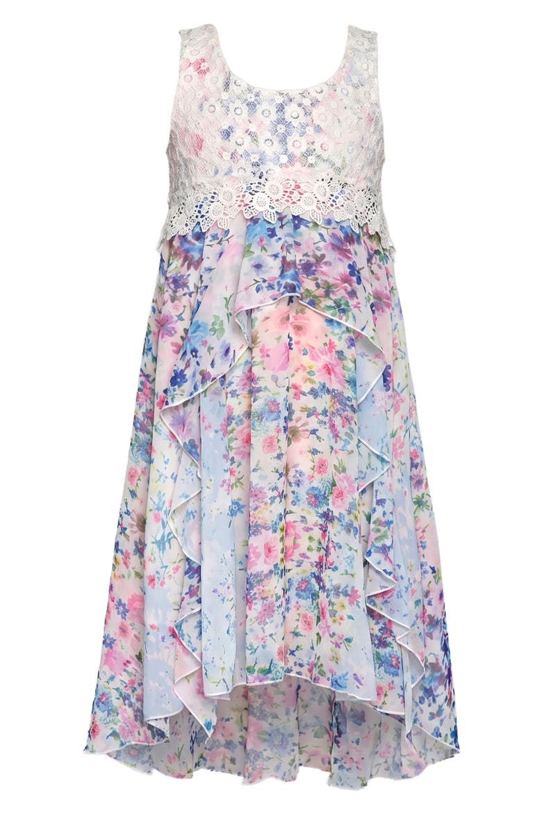 Kids' Lace Trim High-Low Dress, Main, color, WHITE MULTI